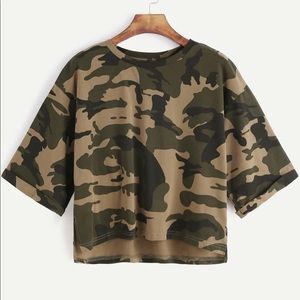 Olive green camo print high low crop T-shirt